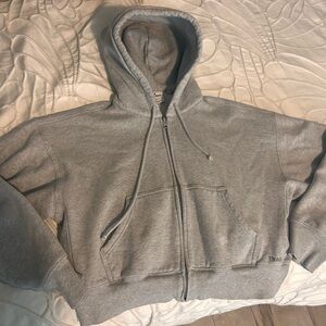 TNA Light Gray Zip-Up Boyfriend Cropped Hoodie